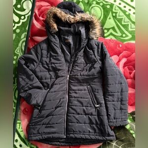 Ambiance Black Quilted Jacket with Faux Fur Hood